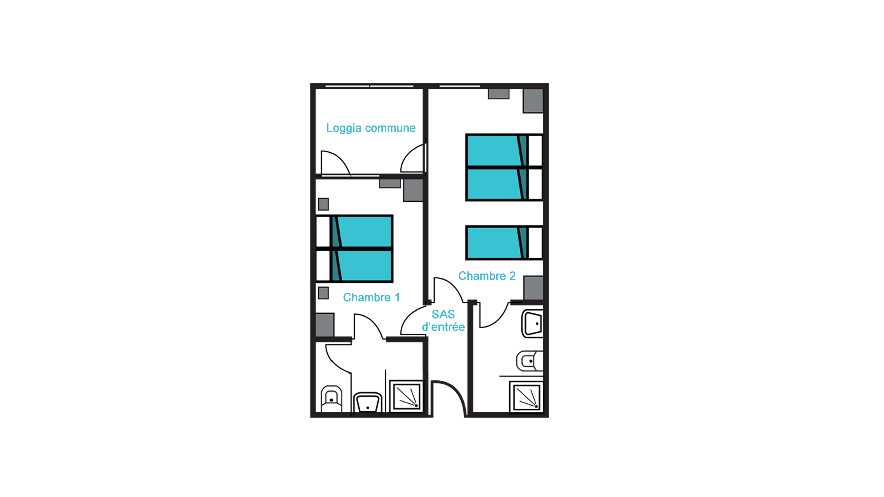 Plan  type chambre de 2 pers. communicantes à VTF St Sauves